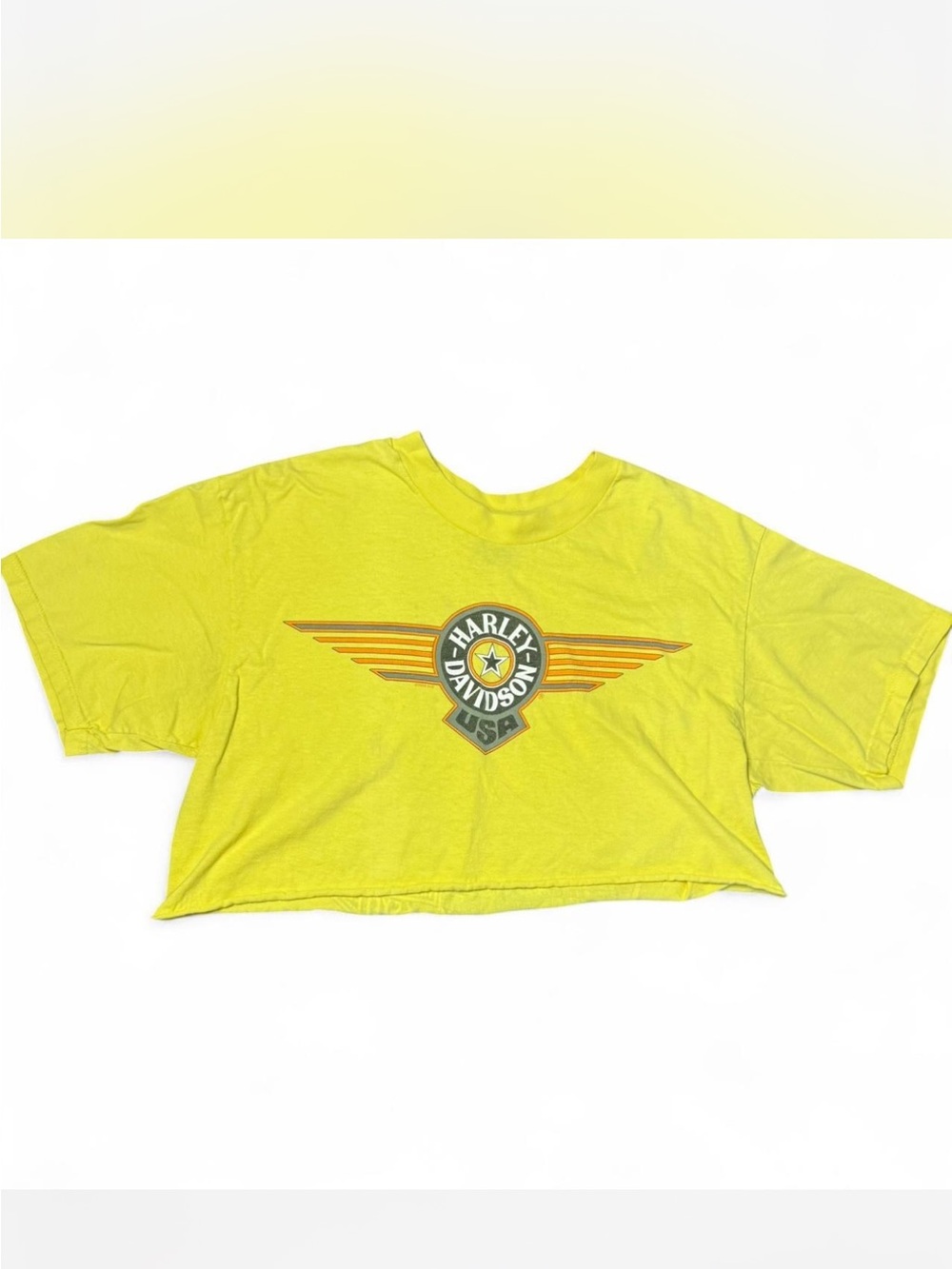 Vintage 90s Harley-Davidson Neon Yellow Cropped Tee with Winged Logo